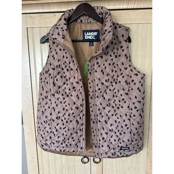 Womens LANDS` END Feather Free Insulated Puffer Vest Brown Animal Print Sz Small - Picture 2 of 6